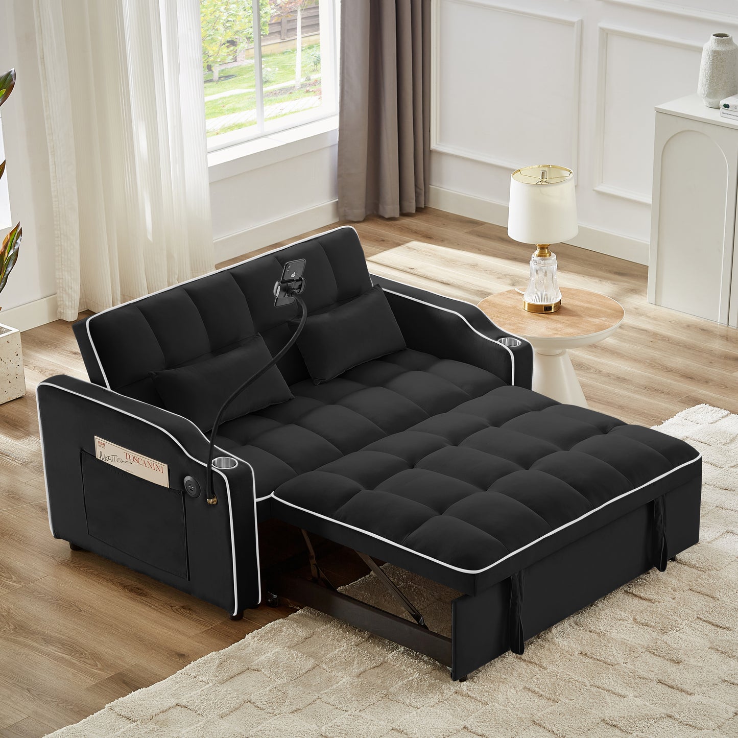Modern velvet pull-out bed (black)