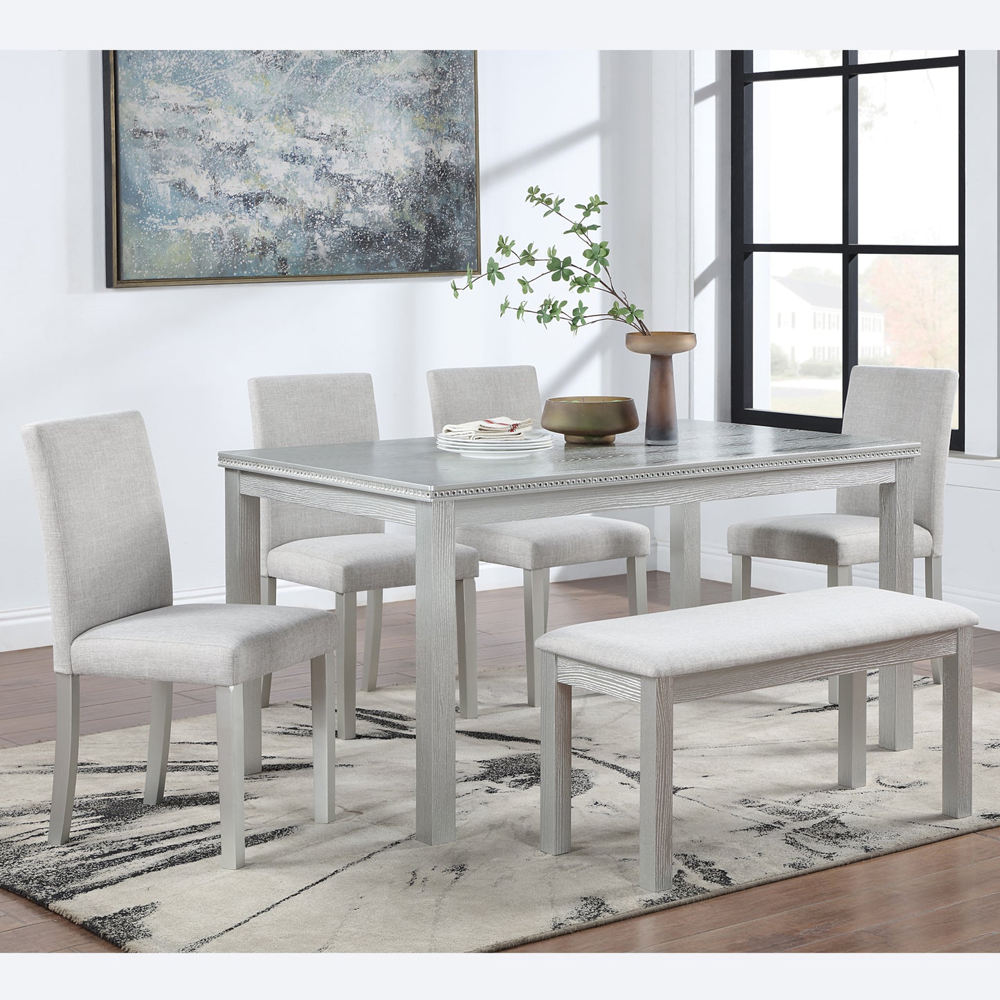 6 Piece Wooden Dining Table Set, Wooden Dining Table with 4 Upholstered Chairs and Bench for 6 People, Silver grey