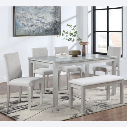 6 Piece Wooden Dining Table Set, Wooden Dining Table with 4 Upholstered Chairs and Bench for 6 People, Silver grey