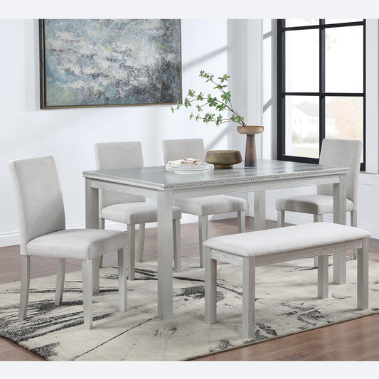 6 Piece Wooden Dining Table Set, Wooden Dining Table with 4 Upholstered Chairs and Bench for 6 People, Silver grey
