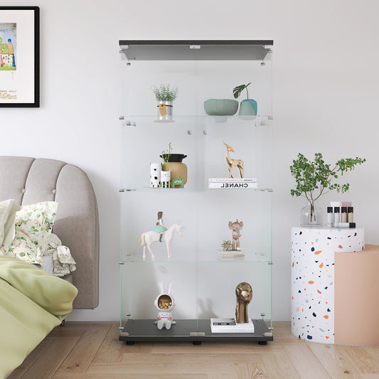 Two-door Glass Display Cabinet 4 Shelves with Door, Floor Standing Curio Bookshelf