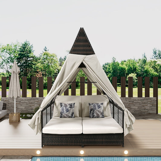Outdoor Daybed Patio Lounge Bed with Adjustable Backrest Outdoor Double Sun Lounger with Curtains, Beige