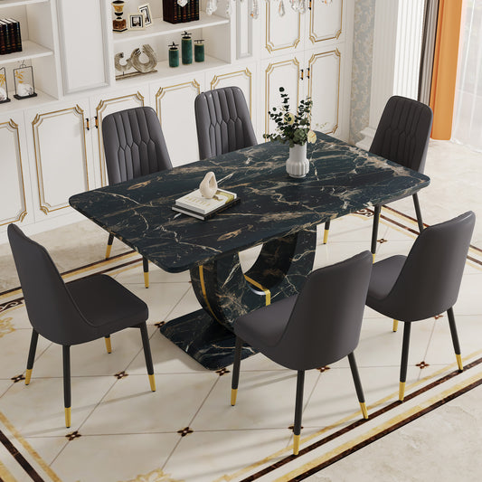 Table and chair set. Black Marble Pattern MDF Dining Table Set with 6 Black PU Chairs ,Black Marble Pattern, MDF.