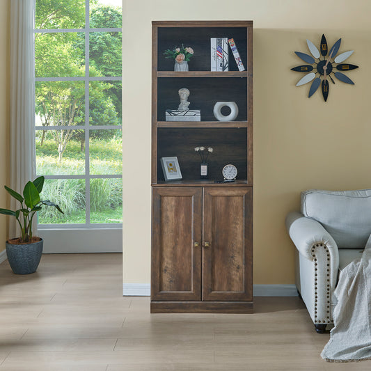 1 Doors Bookshelf with USB Port and 3 Open Shelves Bookcase Side Cabinet Storage Shelves, Rustic Brown