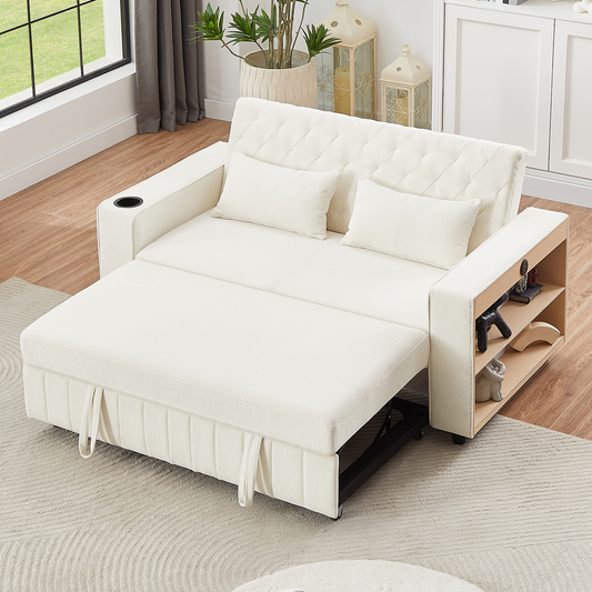 Pull-out Sofa Bed Convertible Couch Loveseat Sofa Modern Sleeper Sofa, Beige