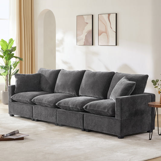 Modern Modular Sofa, 4 Seat Chenille Sectional Couch Set with 2 Pillows Included, (Black & Gray)