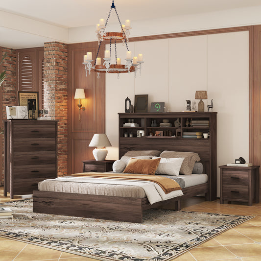 4-Pieces Bedroom Sets Queen Size, Dark Walnut