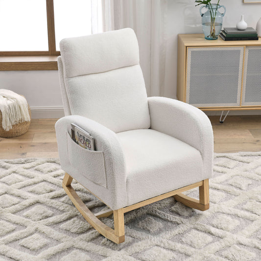 Modern Accent High Backrest Living Room Lounge Arm Rocking Chair, Two Side Pocket ,Teddy White (Ivory)