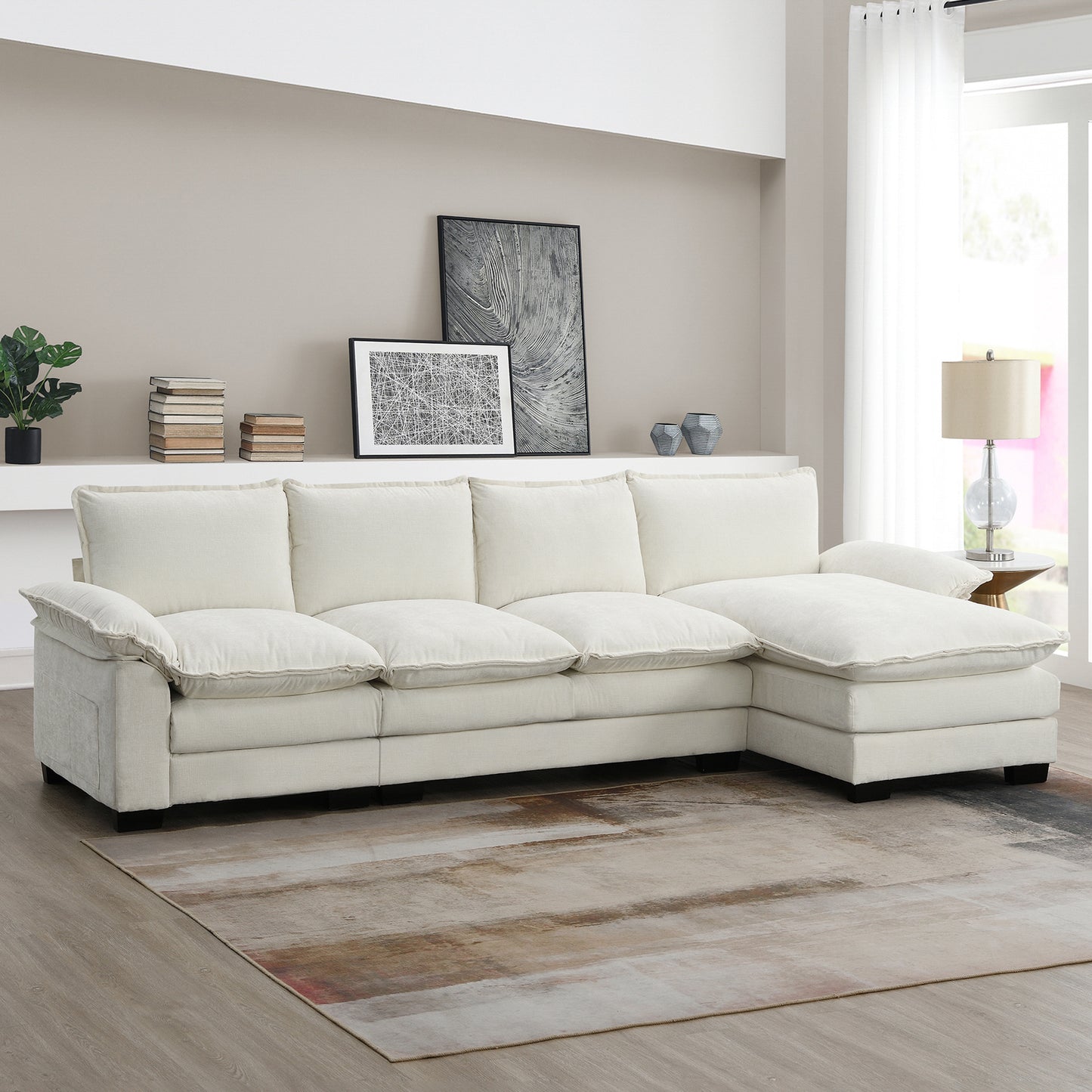 Modern Chenille Sectional Sofa with Double Cushions, L-shaped Comfy Cloud Couch with Reversible Chaise for Living Room