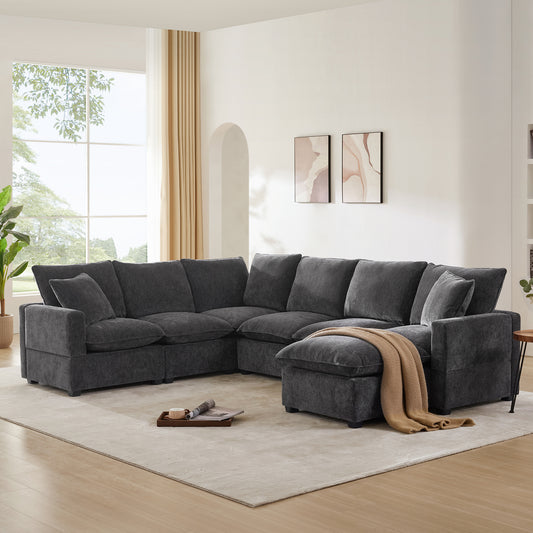 Modern U Shape Modular Sofa, 7 Seat Chenille Sectional Couch Set with 2 Pillows Included (Black & Grey)