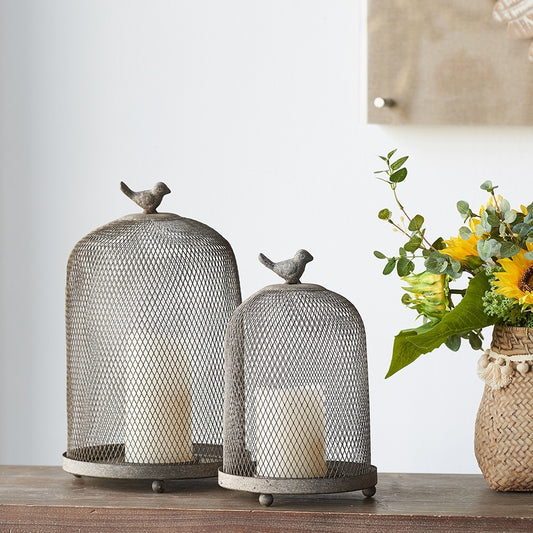 Set of 2 Ophira Sparrow Antique Gray Mesh Candle Holders, L: D8.5x13'  S: D7x10'