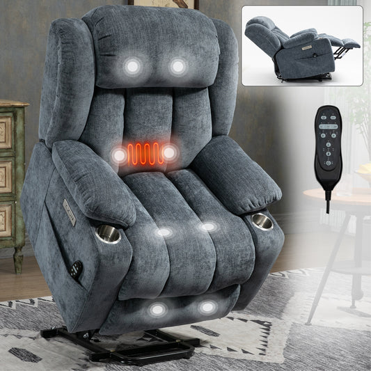 Up to 350 LBS Chenille Power Lift Recliner Chair, Heavy Duty Motion Mechanism with 8-Point Vibration Massage and Lumbar Heating, Blue