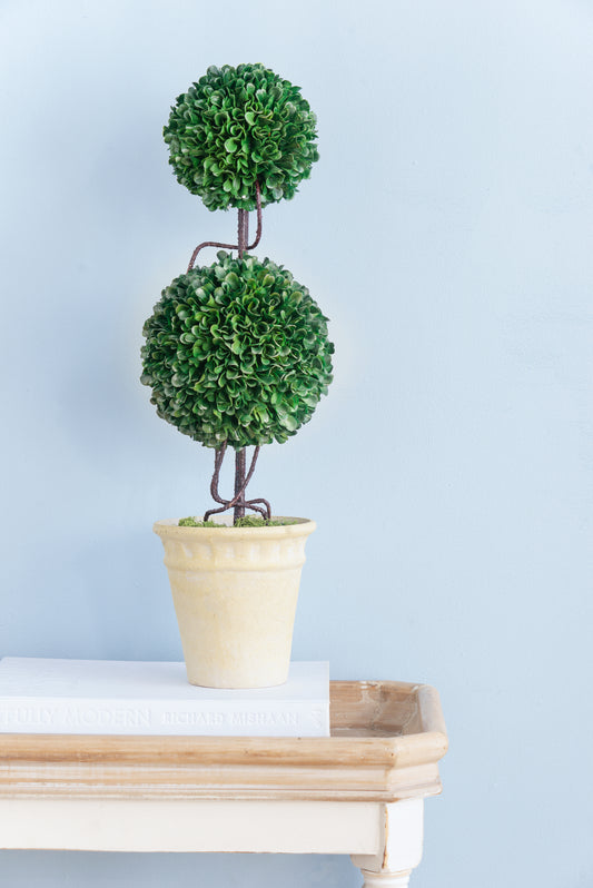 D7x22'H Two-Tiered Faux Boxwood Sphere Topiary in Cream Pot