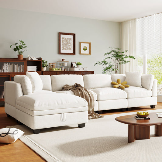 U-style Upholstered Modular Sofa with Removable Storage Ottoman, 2 hidden cup holders