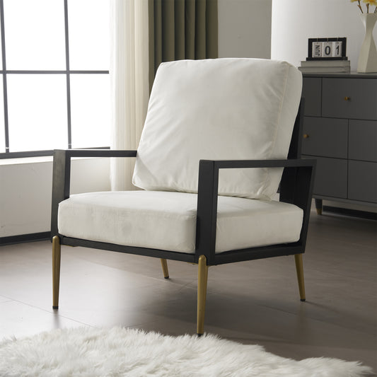 Modern Low Back White Upholstered Accent Armchair with Gold Metal Legs & Rubberwood Frame, White