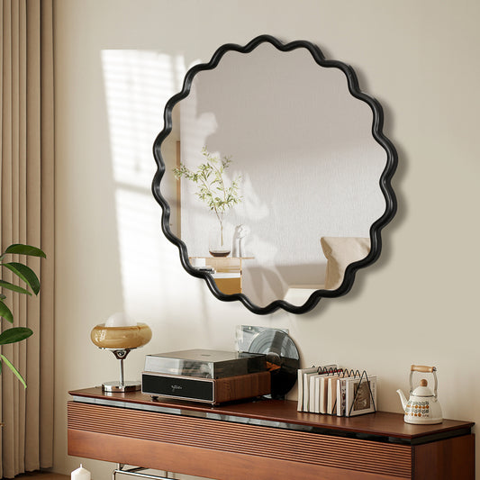 Solid Wood Wavy Mirror-Black Vanity Mirror Wall Decor 42' x 42'