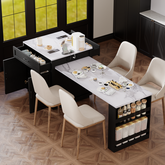 K&K 82.7 inch Kitchen Island with Extendable Dining Table for 4-6 Person, Black