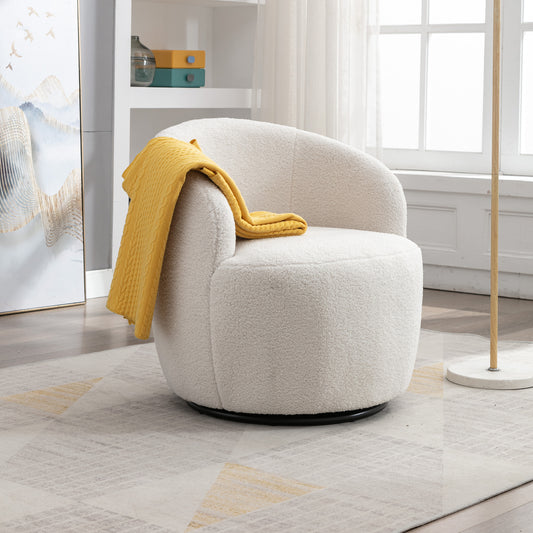 Teddy Fabric Swivel Accent Armchair Barrel Chair With Black Powder Coating Metal Ring, Ivory White