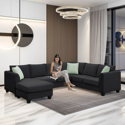 Sectional Sofa Couches Living Room Sets, 7 Seats Modular Sectional Sofa with Ottoman, Black