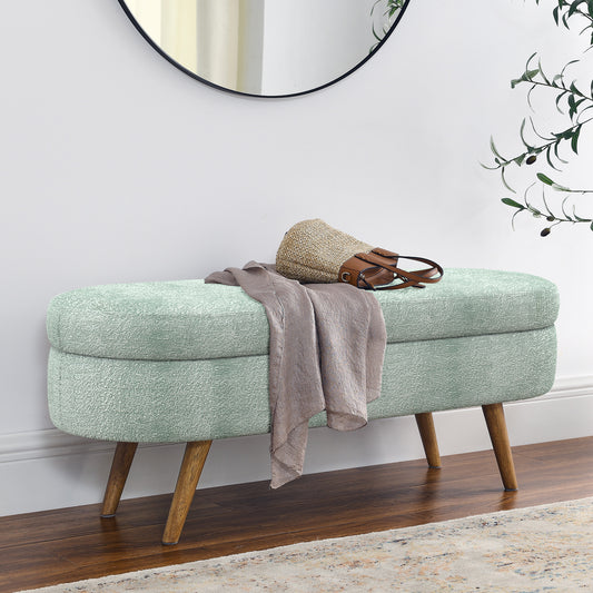 Gray Oval Storage Ottoman Bench – Rubber Wood Legs, 43.5” Modern Design