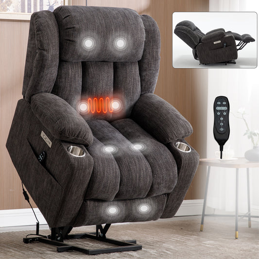 Up to 350 LBS Chenille Power Lift Recliner Chair, Heavy Duty Motion Mechanism with 8-Point Vibration Massage and Lumbar Heating, Grey