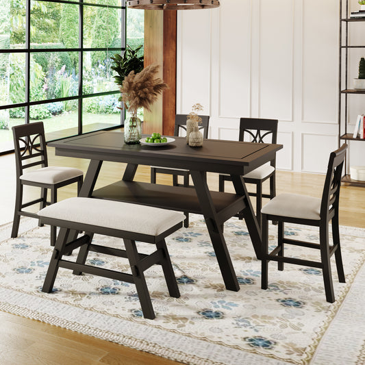 TOPMAX 6-Piece Wood Counter Height Dining Table Set with Storage Shelf, Espresso + Beige Cushion