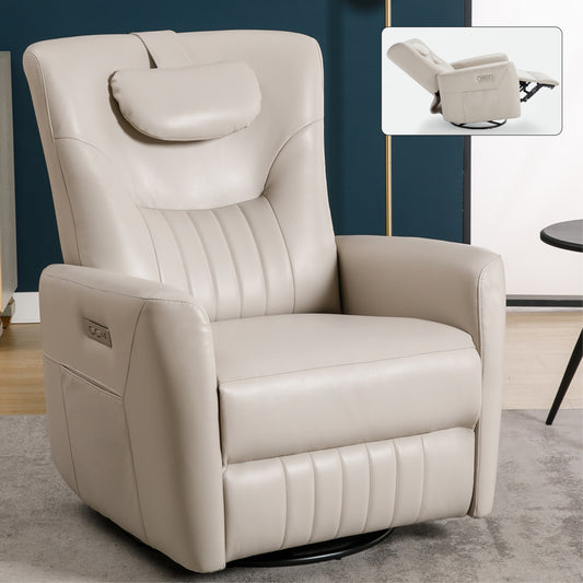 Beige Grey Leather aire Swivel and Rocker Power Recliner Chair with Lumbar and Neck Support Pillow