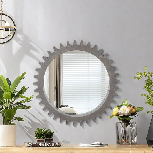 Vintage 26'' x 26'' Wall Wood Round Hanging Gear Shape Heavy Decorative Mirror For Bathroom Living Room
