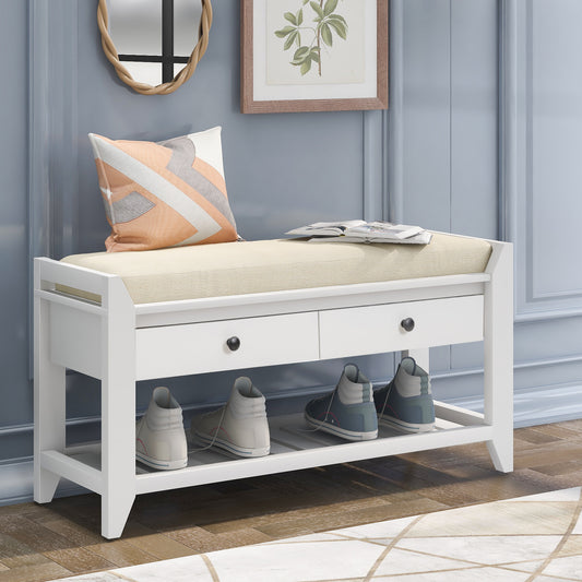 TREXM  Shoe Rack with Cushioned Seat and Drawers, Multipurpose Entryway Storage Bench (White)