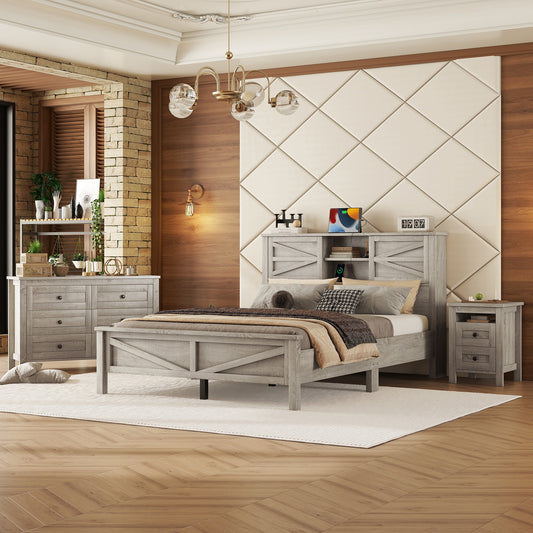 3-Pieces Bedroom Sets Queen Size, Antique Gray