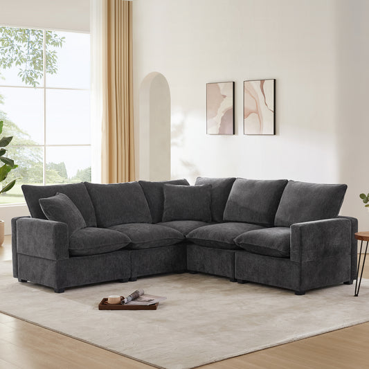 Modern L Shape Modular Sofa, 5 Seat Chenille Sectional Couch Set with 2 Pillows Included
