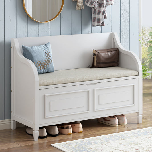 TREXM Rustic Style Solid wood Entryway Multifunctional Storage Bench with Safety Hinge (White, Beige)