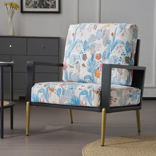 Retro Low Back Floral Print Velvet Accent Armchair with Gold Metal Legs & Rubberwood Frame, Blue Floral