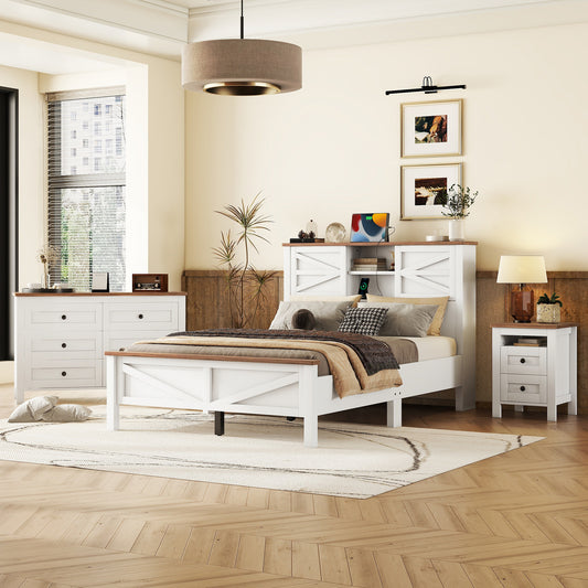 3-Pieces Bedroom Sets Full Size, White + Brown