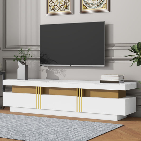 ON-TREND Luxury TV Stand with High Gloss Faux Marble Top for TVs Up to 78'', White