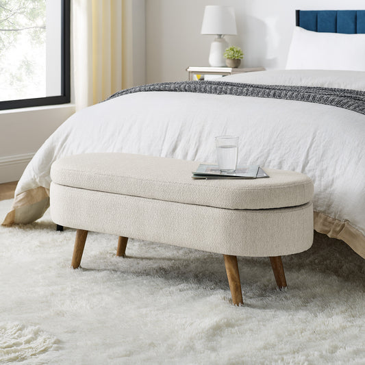 Beige Oval Storage Ottoman Bench – Rubber Wood Legs, 43.5” Modern Design