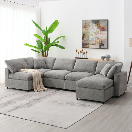 Modern Modular Cloud Sofa Bed, 6 Seat Chenille Sectional Couch Set with Ottoman