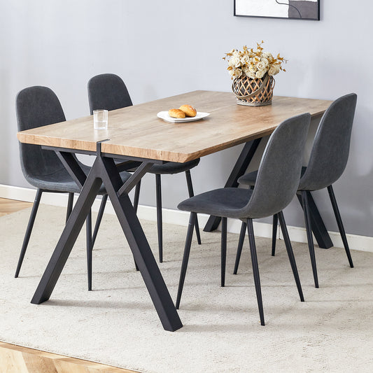 Table and chair set Wood-Textured MDF Dining Table with Black A-Frame Legs