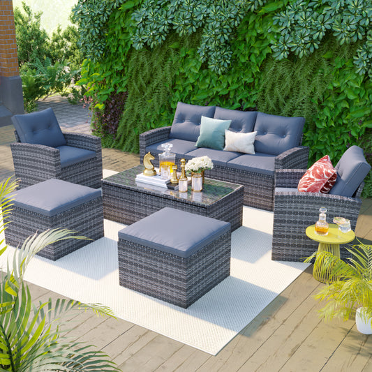 GO 6-piece All-Weather Wicker PE rattan Patio Outdoor Dining Conversation Sectional Set with coffee table, wicker sofas, (Dark grey wicker, Light grey cushion)