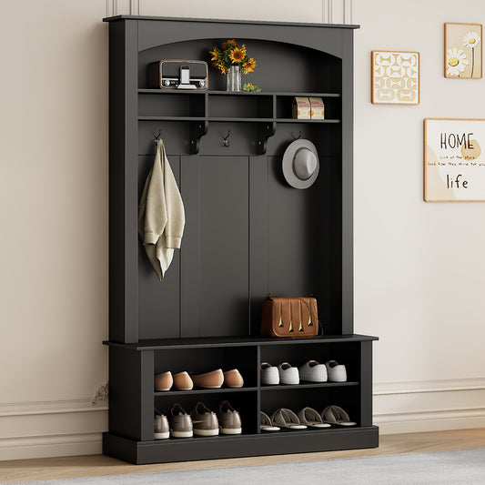 ON-TREND Wide Hall Tree with Bench and Shoe Storage, Multi-functional Storage Bench with 3 Hanging Hooks & Open Storage Space, Rectangle Storage & Shelves Coat Rack for Hallway, Black