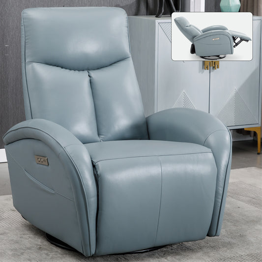 Leather Swivel and Rocker Power Recliner Chair with Lumbar Support, Max Swivel Degree 270°, Heavy Duty Motion Mechanism with USB and Type-C, Blue Genuine