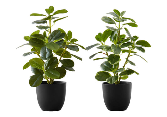 Artificial Plant, 14' Tall, Ficus, Indoor, Faux, Fake, Table, Greenery, Potted, Set Of 2, Decorative, Green Leaves, Black Pots