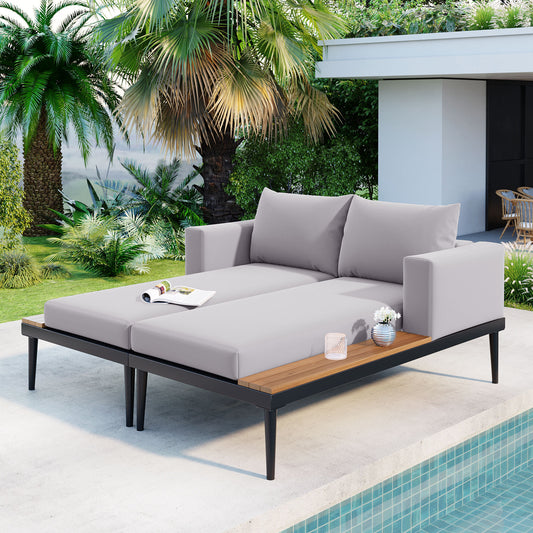 TOPMAX Modern Outdoor Daybed Patio Metal Daybed with Wood Topped Side Spaces for Drinks, Gray