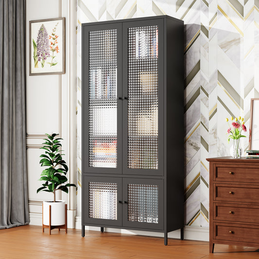 Large Metal Storage Cabinet Display Cabinet with 4 Glass Doors 5 Shelve- Black