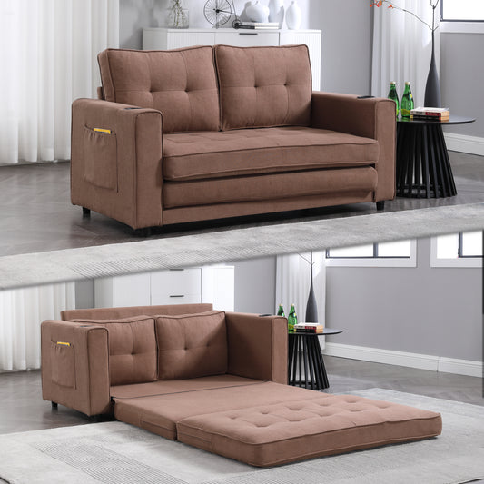 3-in-1 Upholstered Futon Sofa Convertible Floor Sofa bed, Foldable Tufted Loveseat with Pull Out Sleeper Couch Bed, Brown