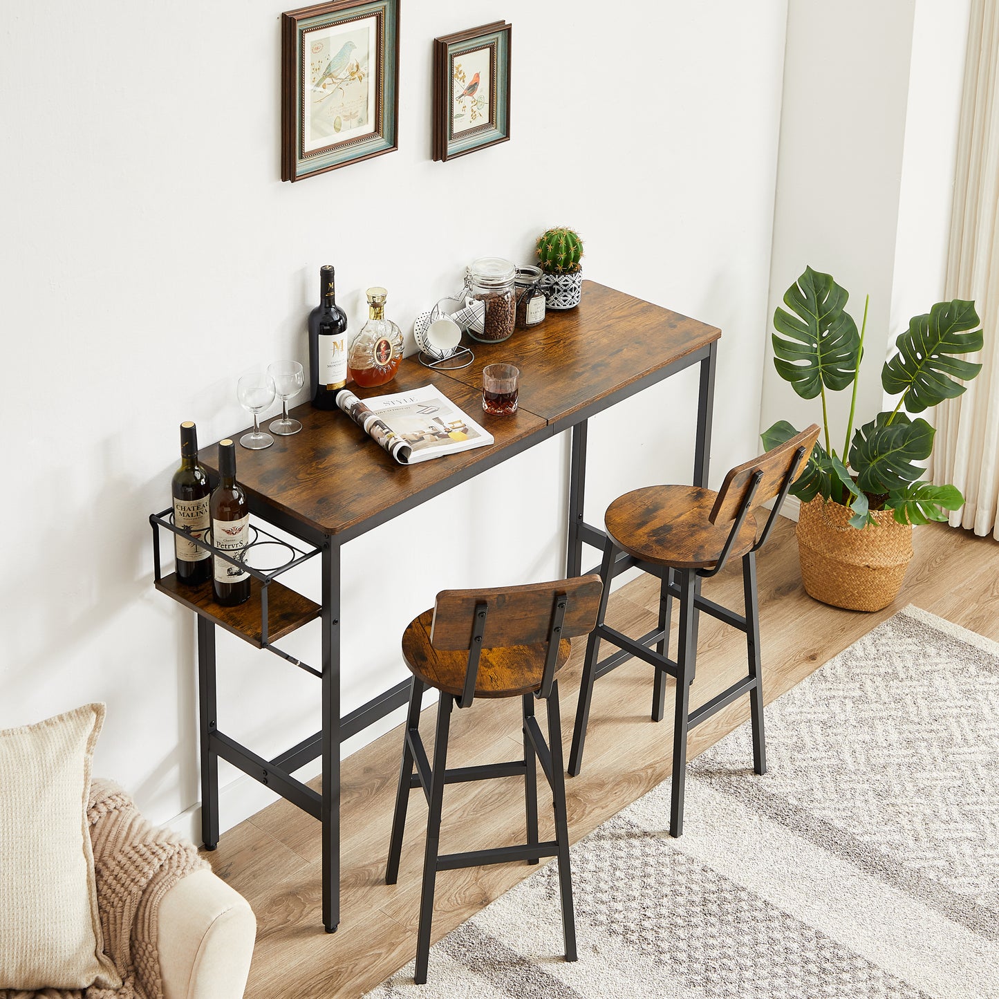 Bar Table Set with wine bottle storage rack. Rustic Brown
