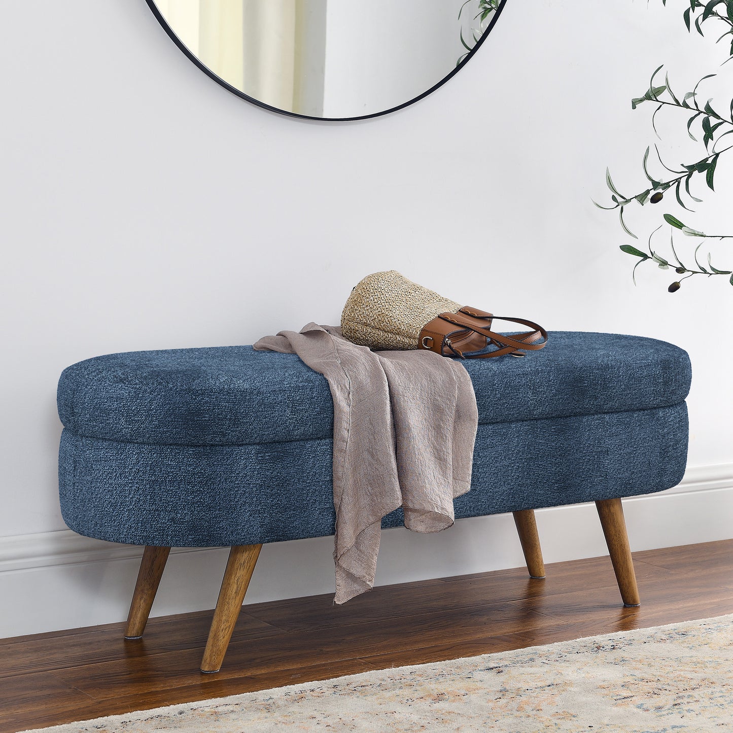 Dark Blue Oval Storage Ottoman Bench – Rubber Wood Legs, 43.5” Modern Design