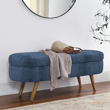 Dark Blue Oval Storage Ottoman Bench – Rubber Wood Legs, 43.5” Modern Design