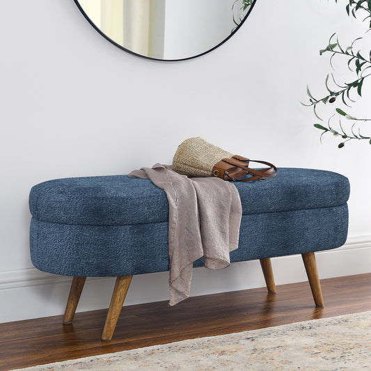 Dark Blue Oval Storage Ottoman Bench – Rubber Wood Legs, 43.5” Modern Design