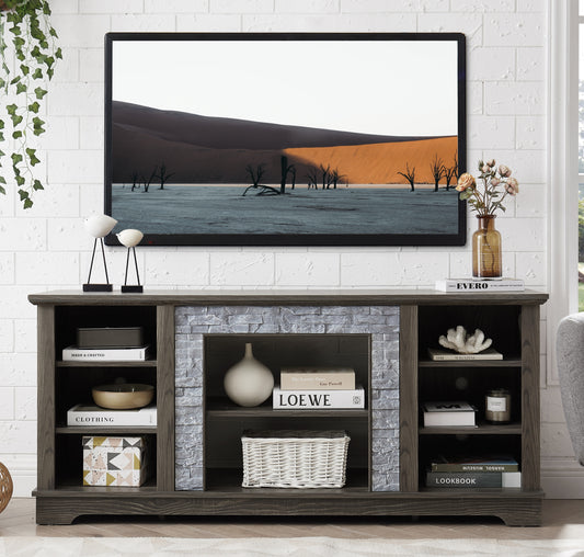 Mantel Stone TV Media Stand with with Faux Stacked Stone Surround, Modern Entertainment Console with Open Storage